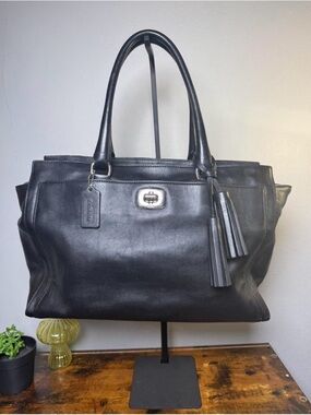 Coach Black Leather Large Satchel with Tassel Charm